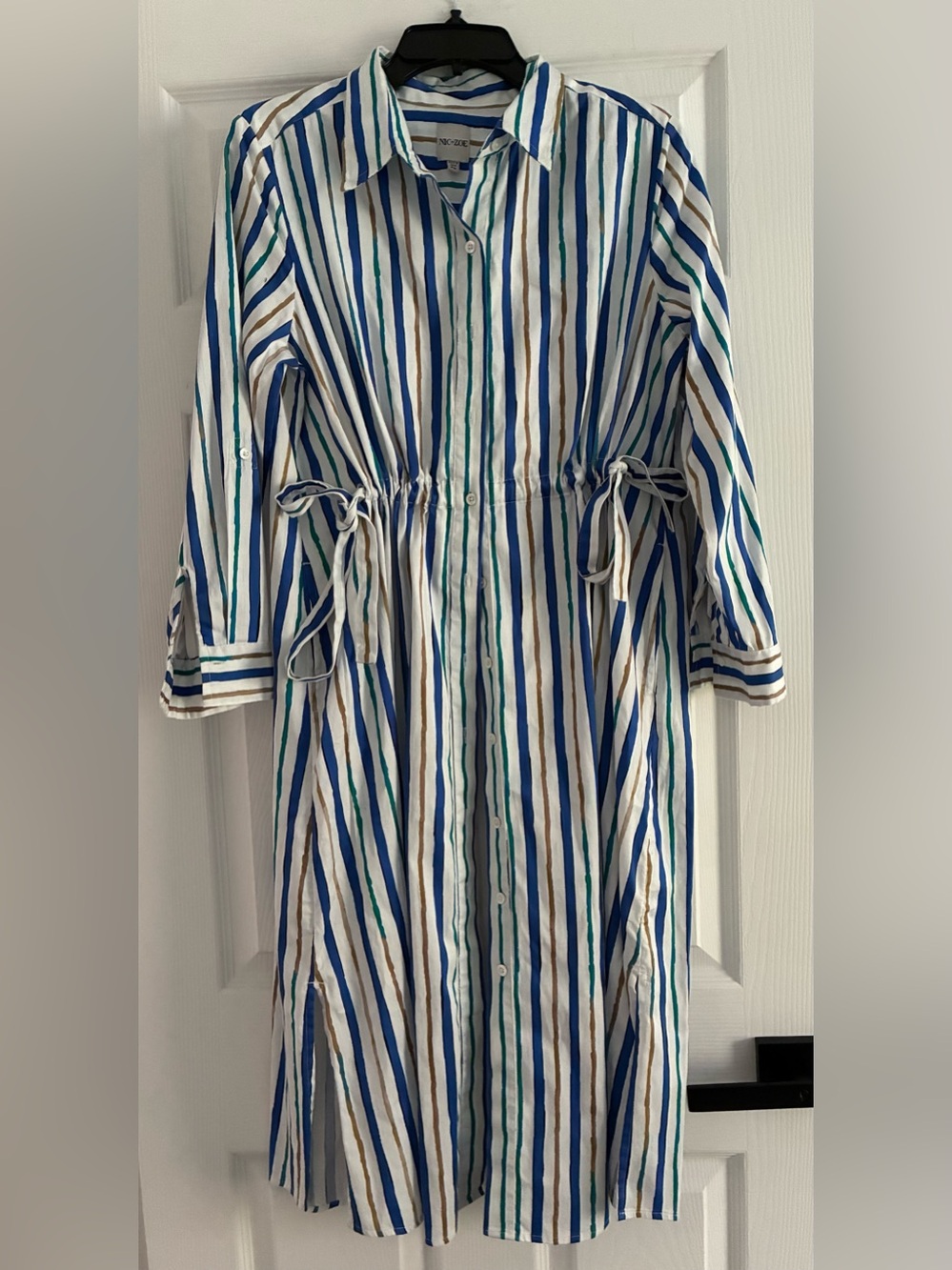 NIC+ZOE Multistripe Button-Up Dress in Blue, Teal, Brown & White Size PS